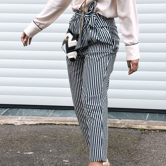 Zara High Waisted Striped Tie Front Poplin Paperbag Pants XS Business Casual - Picture 1 of 12